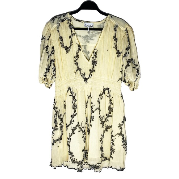 Ganni Womens Floral Print Pleated Georgette Mini Dress Pale Yellow Black Smocked - Picture 6 of 16